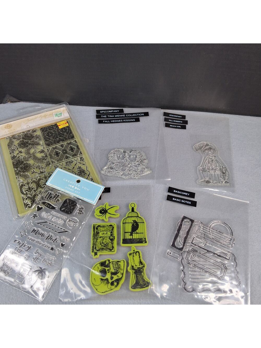 47 Clear Rubber Stamps Assorted Lot Beach Girl Hedgehogs Banners Backgrounds